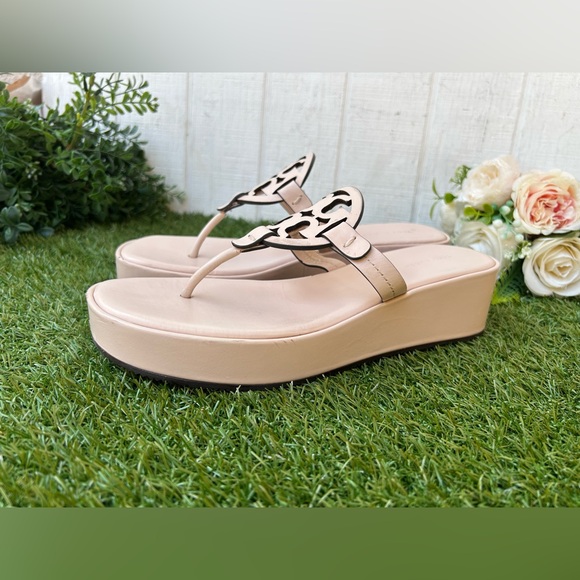 Tory Burch  MILLER WEDGE SANDAL
$275 size 9.5 gently used
Color: Soft Pink - Picture 8 of 16